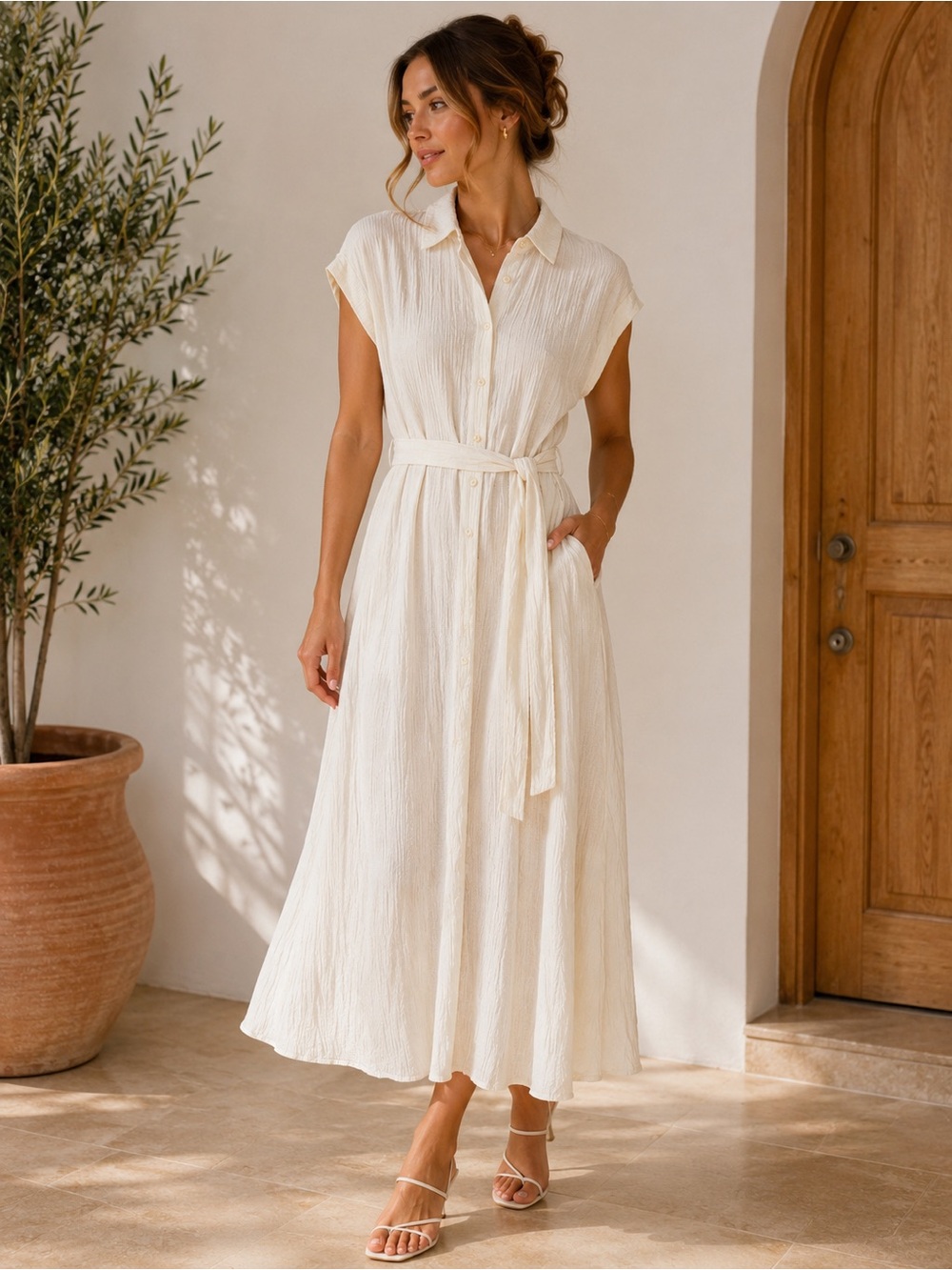 LOFT Ivory Button Front Maxi Shirt Dress Belted Midi Maxi Dress Size 8